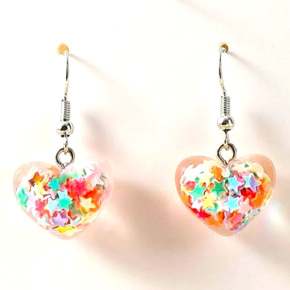 Fun Valentines🌈⭐️💖Rainbow Stars Glitter Confetti Heart Drop Dangle Earrings - Picture 5 of 5